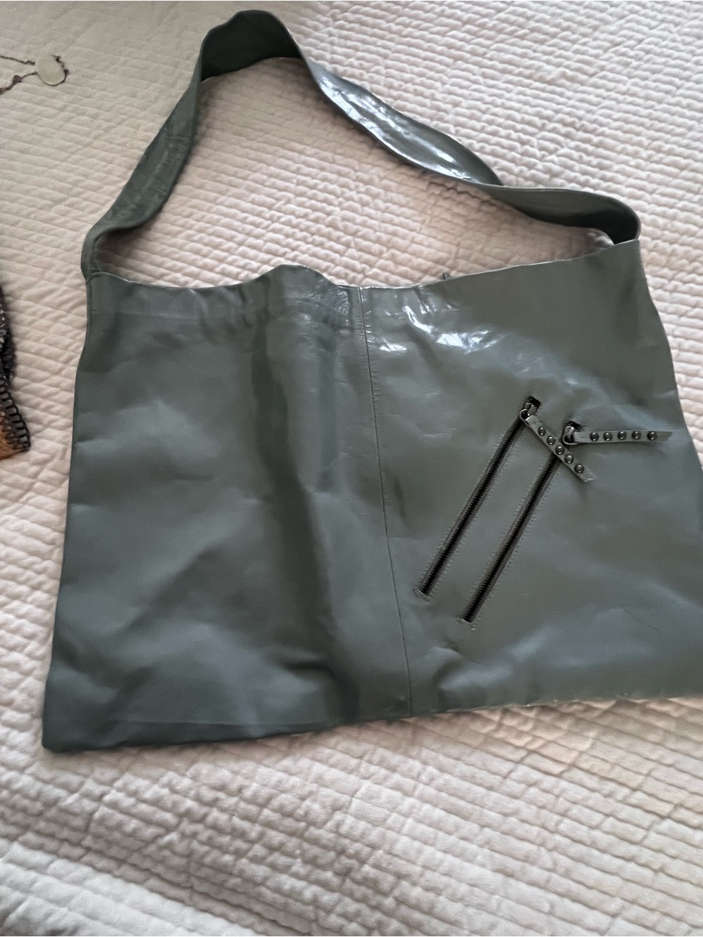 Free People Olive Green Patent Shoulder Bag with Dual Zip Accents